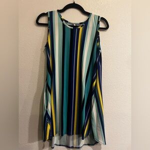Sleeveless Striped Midi Dress in Teal, Navy & Yellow with Pockets